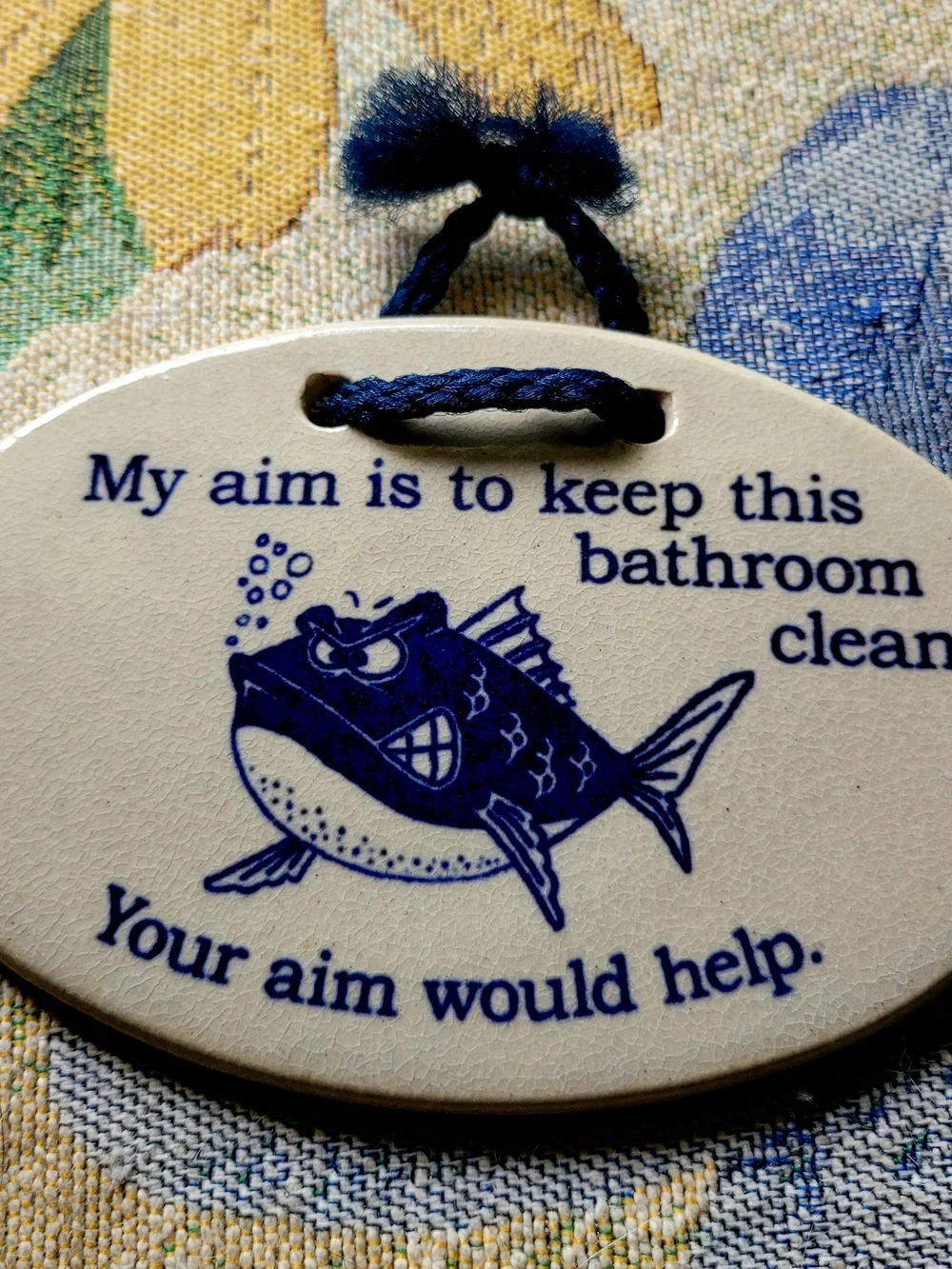 Bathroom Hanging Plaque - Blue and Cream Ceramic Sign